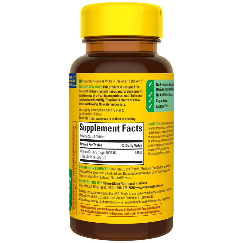 Nature Made Vitamin D3 5000 IU (125 mcg), 70 Fast Dissolve Tablets | Sugar Free, Extra Strength, Vitamin D Supplement for Immune Bone, Teeth and Muscle Health Support, 70 Day Supply 70 Count (Pack of 1)