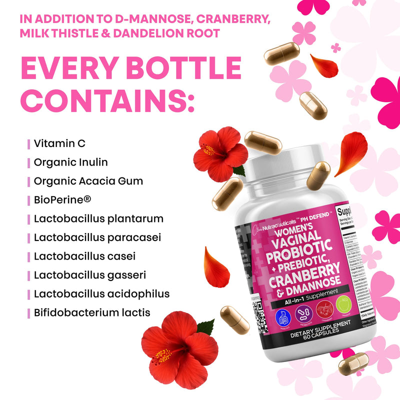 Clean Nutraceuticals Vaginal Probiotics for Women + Prebiotics 20 Billion Cranberry Pills w D-Mannose 500 mg for Urinary Tract Health pH Balance - for Vaginal Health Supplements Pills - 2Pack 2