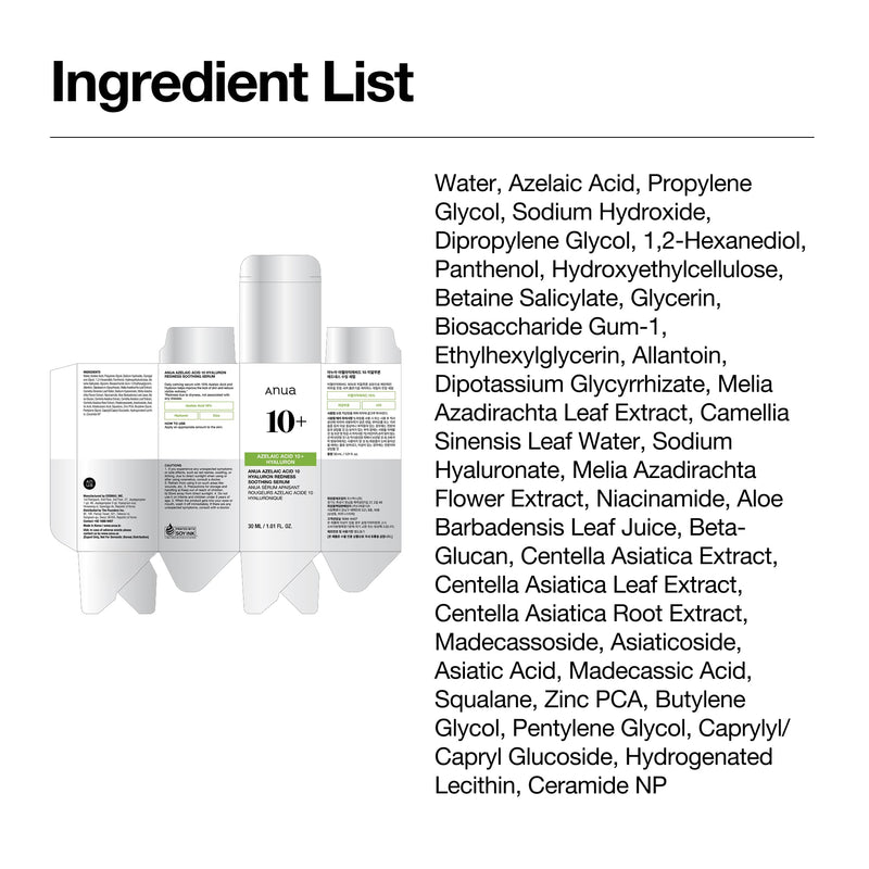 Anua Azelaic Acid 10 Hyaluron Redness Soothing Serum, Facial Serum for Blemish-Prone & Oily-Prone Skin, Lightweight & Hydrating Blemish Care, Hyaluronic Acid, Korean Skincare, 1.01 fl oz.