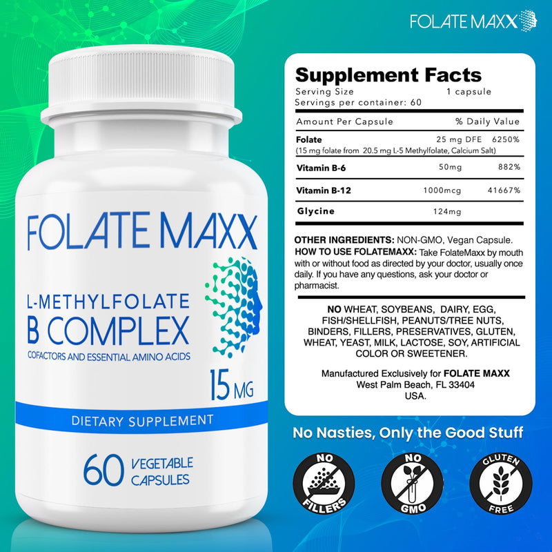 L Methylfolate 15mg with Active Vitamin B Complex – 60 Capsules – High Potency 5-MTHF with B6 Blend and Methyl B12 Supplement – 3-in-1, Non-GMO, Gluten Free (2-Month Supply) 60 Count (Pack of 1)