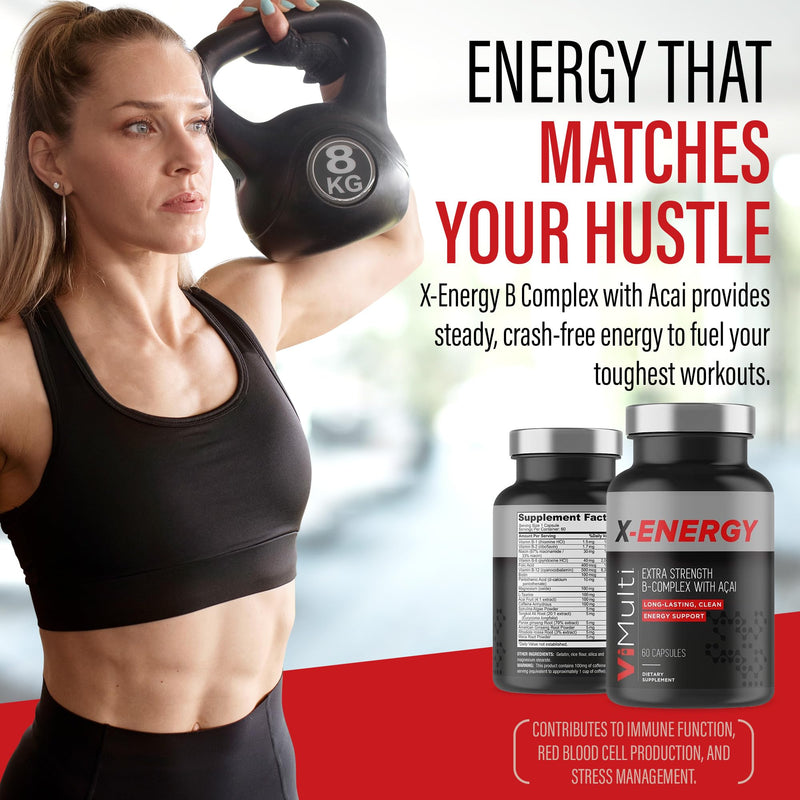 ViMulti X-Energy B Complex with Acai Dietary Supplement - 60 Capsules | For Your Energy Metabolism, Plant Based Formula, B-Complex Vitamins, Folate, Caffeine, Taurine, Magnesium, Ginseng, Rhodiola