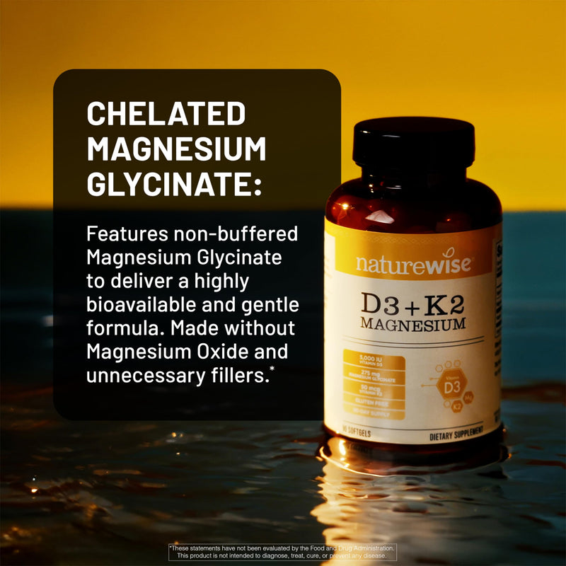NatureWise Vitamin D3 5000IU + K2 & Magnesium Glycinate 275mg - 90 Softgels | Extra-Strength D3 125mcg, K2 50mcg, High Absorption Chelated Magnesium Supplement, Bone Support.* 90-Day Supply.
