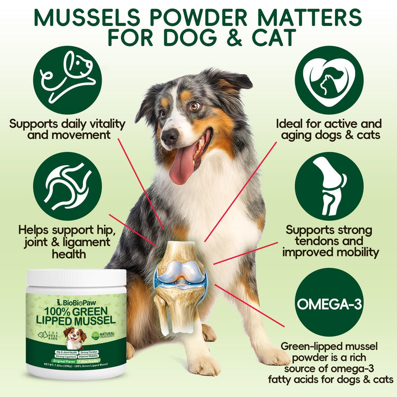 Pure Green Lipped Mussel Powder for Dogs & Cats 100% New Zealand Sourced Supports Hip & Joint Flexibility, Mobility, Tendons & Muscle Strength 200 Grams Made in USA