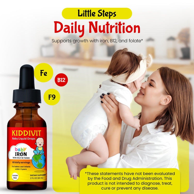 Baby Iron Liquid Drops with Vitamin B12 & Folate – Gentle Iron Support Supplement – 60 Daily Servings, Inulin Fortified Prebiotic Fiber – Sugar Free, Gluten Free, Vegetarian, 2oz