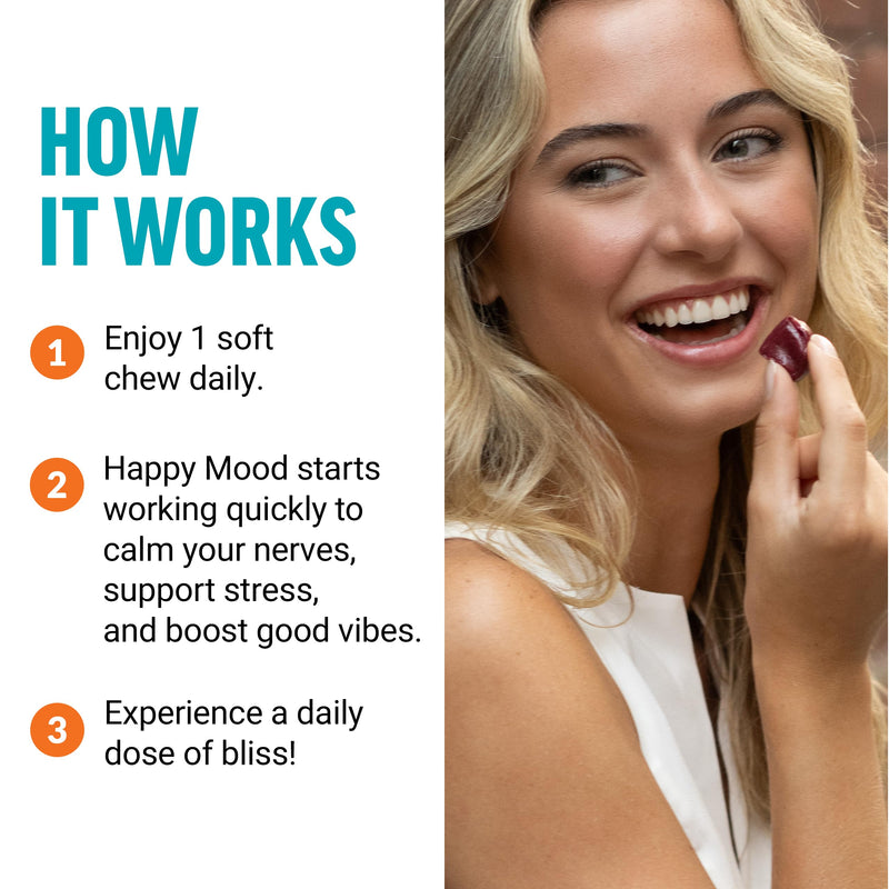 Force Factor Happy Mood, Mood Support & Balance Supplement | Support Happiness, Positivity & Stress Relief, Magnesium, Saffron, Zembrin, Non-GMO, Tropical Fruit Flavor, 30 Soft Chews 30 Count (Pack of 1)