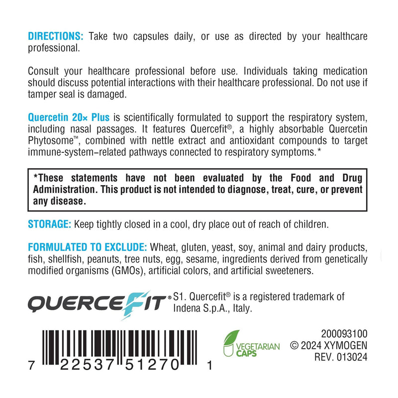 XYMOGEN Quercetin 20× Plus, 120 Capsules | Quercetin Phytosome Supplement for Immune and Respiratory Support, with Vitamin C and Nettle Leaf 120 Count (Pack of 1)