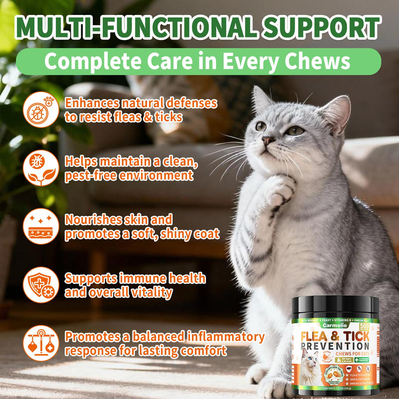 Cat Vitamins & Flea Prevention, Cat Multivitamin & Flea and Tick Support Treats with Taurine, Brewer’s Yeast & Omega-3 for Skin, Coat, Immunity & Daily Wellness, Chicken & Krill Flavor