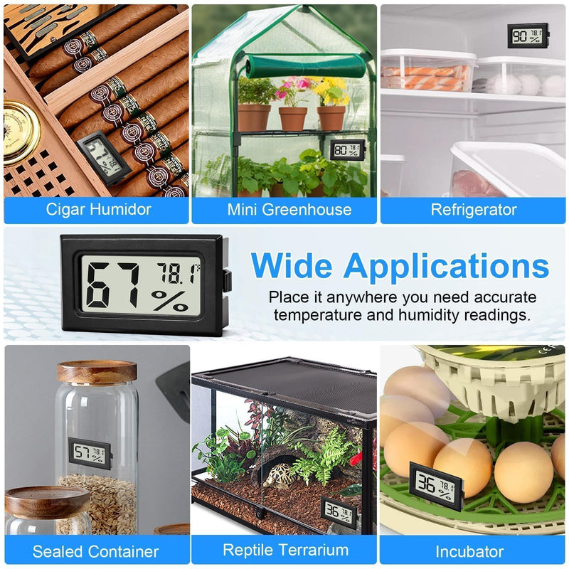 8-Pack Mini Digital Hygrometer Thermometer, Front-View Frame Adhesive for Mason Jar & Reptile Tank, Humidity Monitor for Garden, Greenhouse, Plants, RV, Office, Cellar 12-Month Battery Black - BeesActive Australia