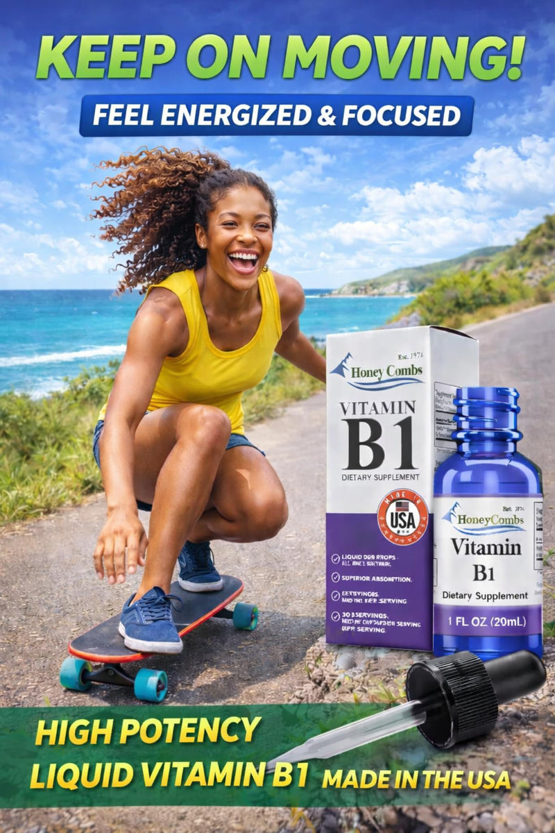 HoneyCombs Vitamin B1 Thiamine Mononitrate Supplement Drops, 1 Fl Oz | liquid Vitamin B1 drops for natural energy support. 500%DV Vegan, alcohol-free, non-GMO Thiamine made in the USA. 1 Ounce (Pack of 1)