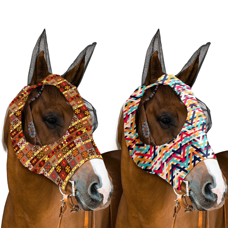 Weewooday 2 Pieces Horse Fly Masks for Horses Soft Fly Masks for Horses with Ears Smooth and Elasticity Fly Mask with UV Protection(L, Geometry Patterns) L - BeesActive Australia