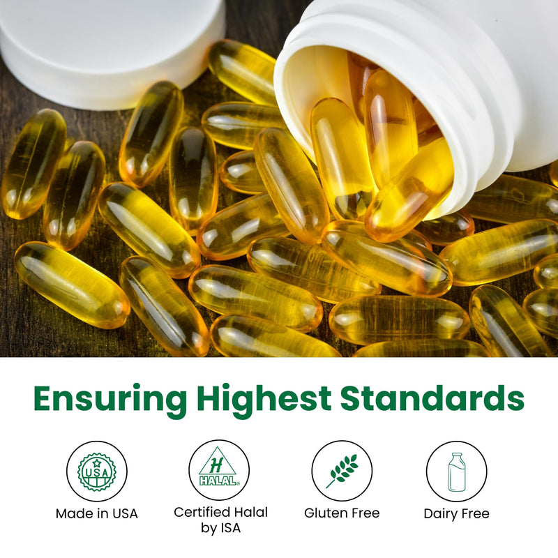 Zaytun Halal Fish Oil 1200mg Omega-3, Premium EPA/DHA, One Per Day, Daily Wellness Support, 4 Months Supply, Lemon Flavor, Keto Friendly, Gluten Free