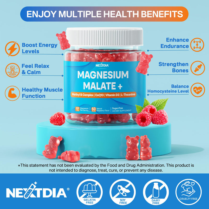 2Pack Magnesium Malate Gummies for Adults - Magnesium 400mg Chewable | Plus Methylated Folate, B12, B6, L-Theanine & CoQ10, Supports Energy, Muscle & Calm, Sugar Free 60 Count (Pack of 2)