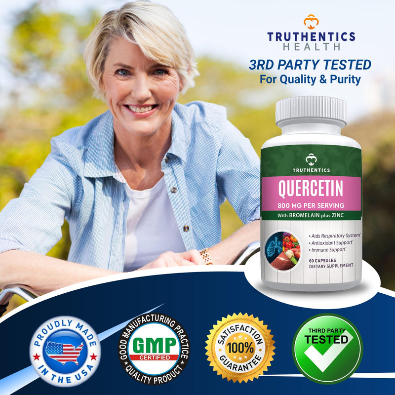 TRUTHENTICS Quercetin with Bromelain and Zinc 1050mg, Vegan, 60 Capsules | Premium Zinc Quercetin Supplements, Immune, Respiratory & Seasonal Support, Non-GMO, Gluten Free, Third Party Tested
