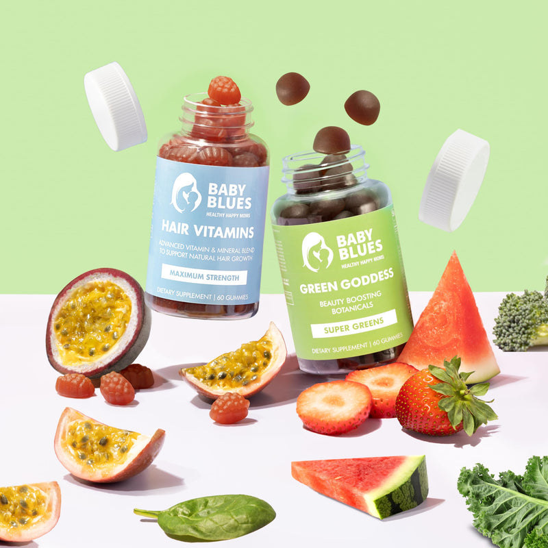 Baby Blues Grow and Glow Beauty Bundle for Moms, Postpartum Hair Vitamins with Biotin Collagen and Folate Plus Green Goddess Superfood Gummies for Hair and Skin, 2 Pack 60 Count Each