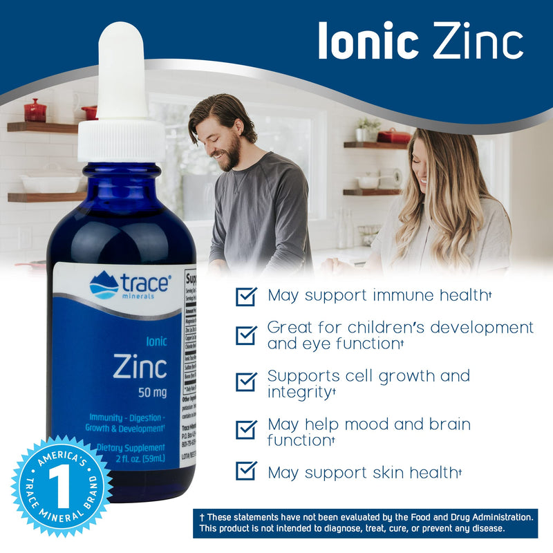 Trace Minerals | Liquid Ionic Zinc | 50 mg Zinc with Magnesium | Supports Immune System, Digestion, Growth, & Development | for Kids and Adults | 45 servings, 2 fl oz (1 Pack) Unflavored 2 Fl Oz (Pack of 1) - BeesActive Australia