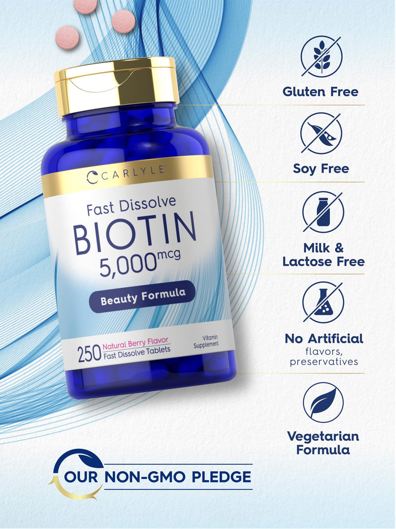 Carlyle Biotin 5000mcg | 250 Fast Dissolve Tablets | for Hair, Skin & Nails | Vegetarian, Non-GMO and Gluten Free Supplement 250 Count (Pack of 1)