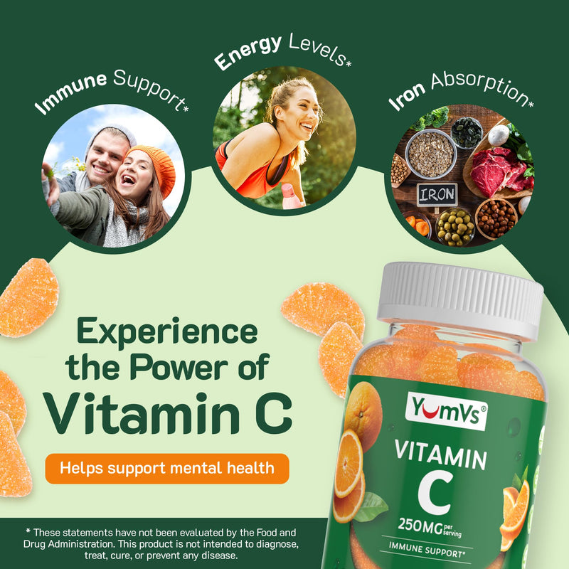 YumVs Vitamin C Gummies for Adults - 250 mg Orange Flavored Vitamin C Gummy - Vitamin C Chewable Immune Gummies for Adults - Immune Support Supplement - Kosher, Halal, Gluten Free (200 Count), 2 Pack 100 Count (Pack of 2)