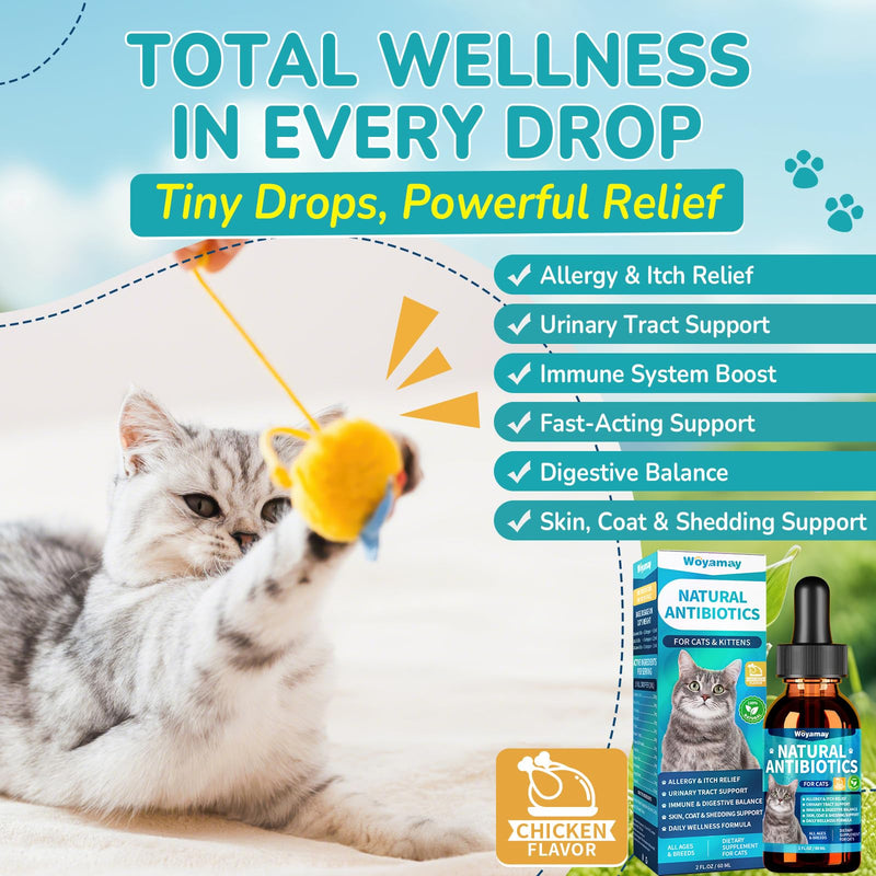 Woyamay Antibiotics for Cats, Natural Antibiotic for Allergy Relief, Urinary Tract Health, Itch Relief & Digestion Care, Cat Allergy Relief for Cats, Cat Immune Support Supplement, 2 Fl Oz Chicken 1 Pack