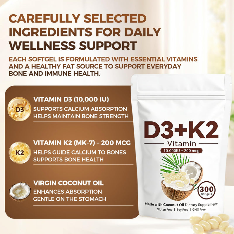wuliao Vitamin D3 K2 10,000 IU – 2-in-1 D&K Complex with Vitamin K2 (MK-7), Supports Bone & Calcium Absorption, Immune Support, Non-GMO, 300 Softgels (1 Pack) 300 Count (Pack of 1)