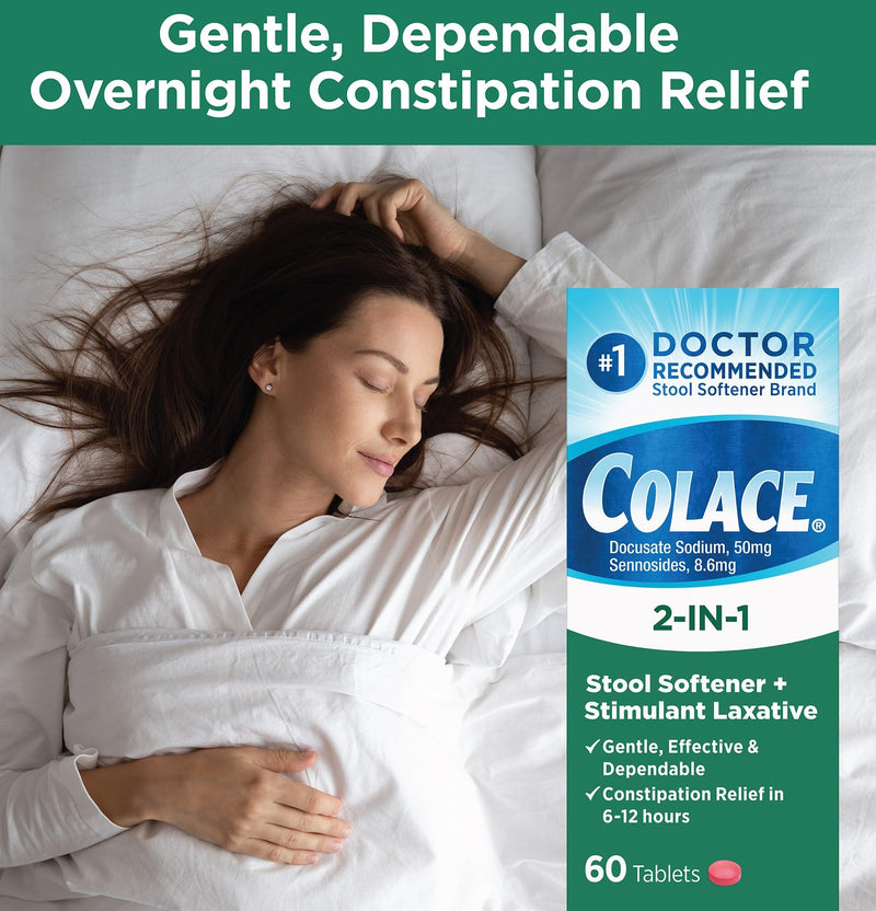 Colace 2-In-1 Stool Softener Plus Stimulant Laxative for Gentle Effective Constipation Relief, Docusate Sodium Plus Sennosides, 60 Count 60 Count (Pack of 1) - BeesActive Australia