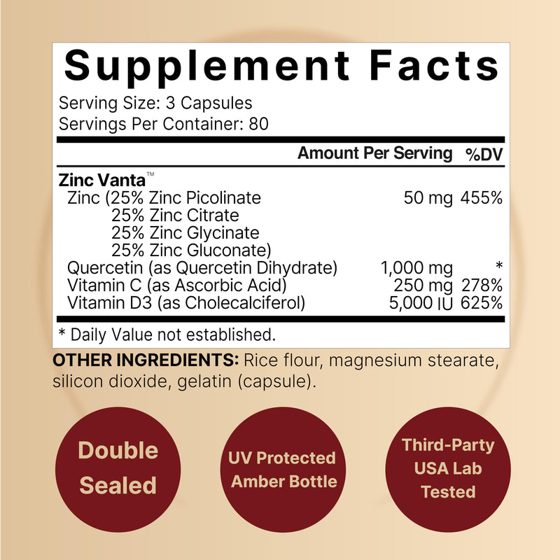 NatureBell Zinc Quercetin with Vitamin C & D3, 480 Capsules (2 Pack) | Quercetin 1,000mg + Zinc 50mg + Vitamin C 250mg + Vitamin D3 5,000 IU | 4-in-1 Advanced Immune & Lung Support | ZincVanta Formula 240 Count (Pack of 2)