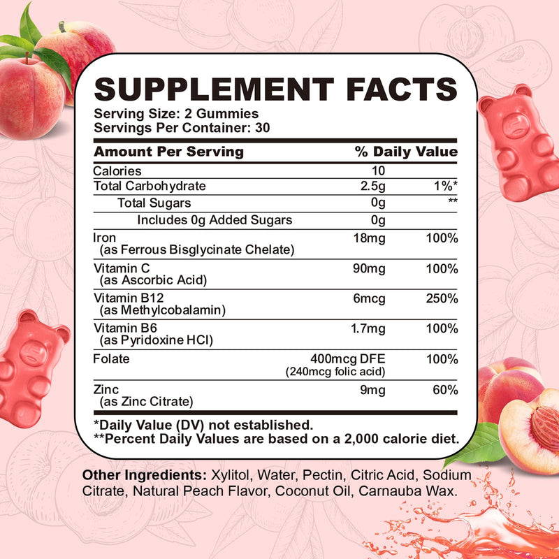 2PCS Iron Supplement for Women & Men Gummies, Multivitamin Blood Builder Iron Supplement with Folate Vitamin C B12 B6 Zinc for Adults & Kids - Energy Support - Peach Flavor, Vegan 120 Gummies 60 Count (Pack of 2)