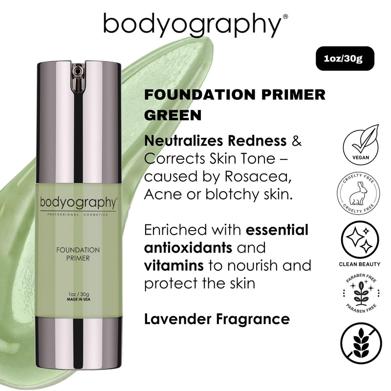 BODYOGRAPHY Foundation Primer (Green) | Flawless Anti-Aging Makeup Base with Vitamin E, A, Jojoba & Grapeseed Oil | Shine Control, Smooth Finish | Salon-Quality, Gluten-Free, Cruelty-Free | 1 oz Green