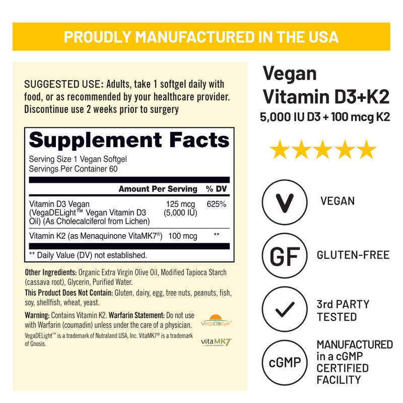 NatureWise Vegan Vitamin D3 K2 Supplement, 5000IU + 100mcg, 60 Softgels | High Absorption D3 & K2 - Organic Cold-Pressed Olive Oil - Immune & Bone Health Support - 2-Month Supply 60 Count (Pack of 1)
