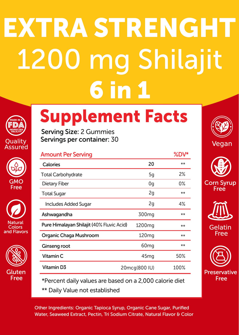 Lunakai USA Made Pure Himalayan Shilajit Gummies for Men & Women, 1200mg | 6-in-1 Shilajit Supplement for Daily Energy, Immunity & Vitality Support - Ashwagandha, Chaga, Vitamins C & D3 - Non-GMO 60ct 60 Count (Pack of 1)
