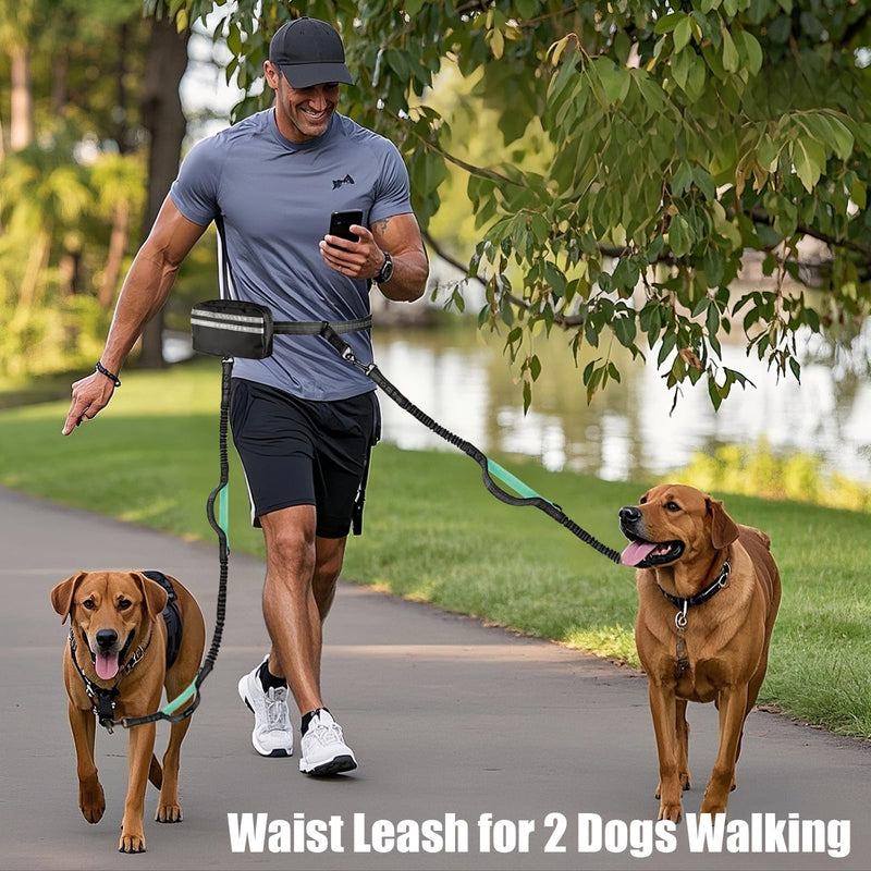 Hands Free Dog Leash Waist & Crossbody for Walking, No Pull Heavy Duty Bungee Double Dog Leash for Two Dogs with Pouch, Padded Handles & Reflective for Large Medium Dogs, Black 2 Leashes Black/Blue
