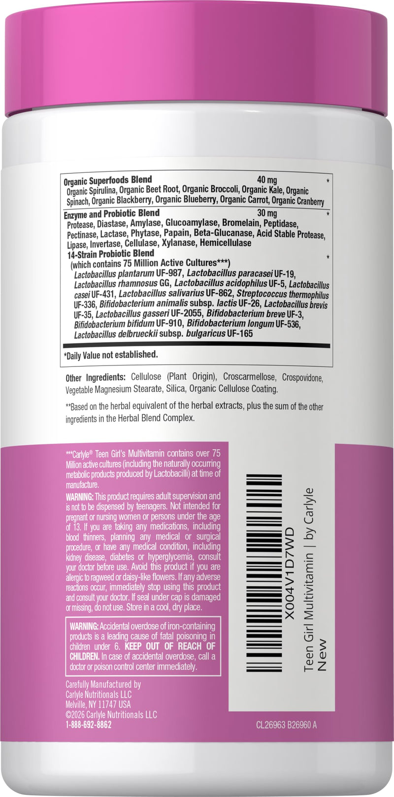 Carlyle Teen Multivitamin for Girls | 60 Caplets | Once Daily | Easy to Digest with Probiotics & Enzymes | with Iron | Non-GMO, Gluten Free