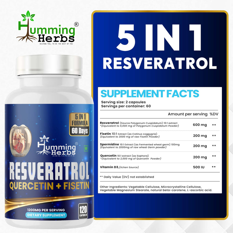 Humming Herbs Resveratrol Supplement— with Quercetin, Fisetin, Spermidine & Vitamin D3 — Antioxidant Support for Healthy Cellular Function - 1200 mg, 120 Vegan Capsules Non-GMO, Gluten-Free