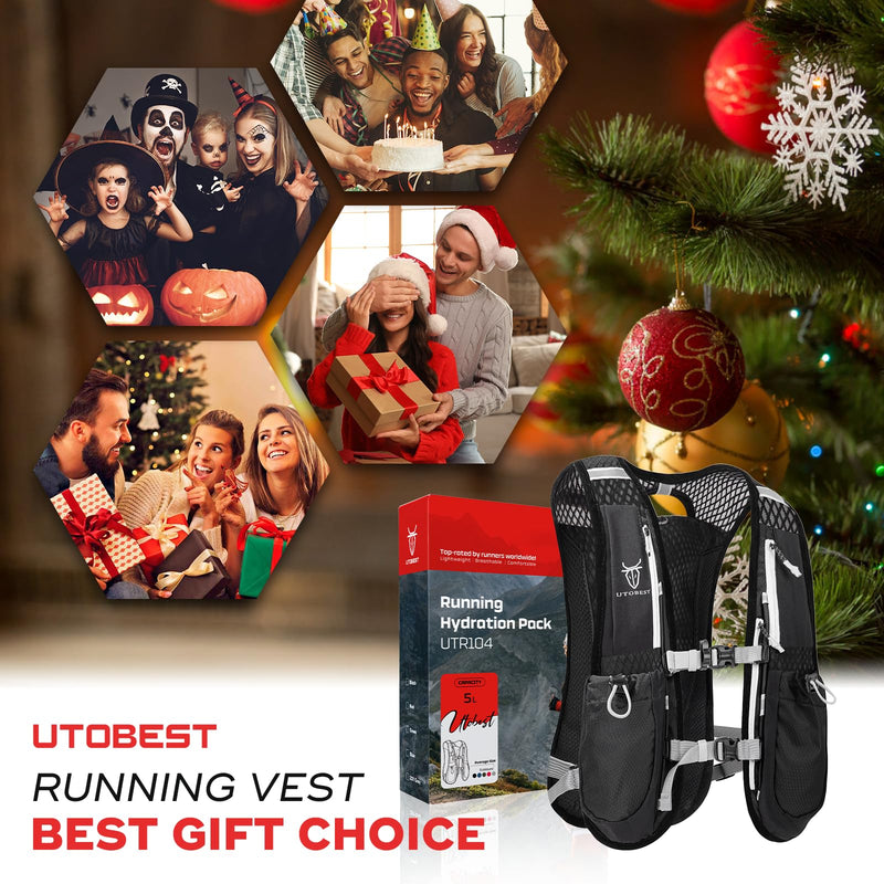 Running Vest, 5L Hydration Vest Lightweight, Breathable and Sweatproof Running Backpack, Adjustable Running Hydration Vest for Trail Running Marathon Race Jogging Cycling Black Vest 5L with 2 x Soft Flask