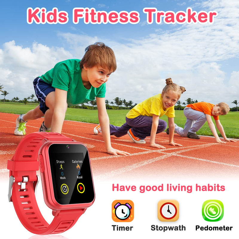 Cosjoype Kids Smart Watch Gift for Girls Age 6-12, 24 Puzzle Games HD Touch Screen Kids Watches with Video Camera Music Player Pedometer Audiobook 12/24 hr Toys for 7 8 9 10 11 12 Year Old Girls Deep Red