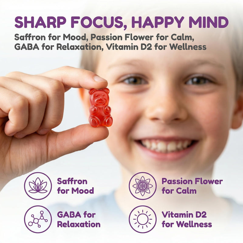 Saffron Gummies, Mood & Calm Support withPassion Flower, St. John's Wort, GABA & Vitamin D2,Emotional Balance & Focus Formula, Strawberry Flavor, 90Gummies