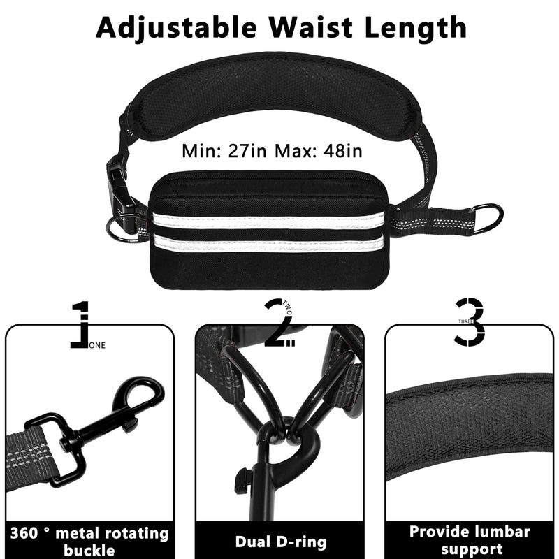 Hands Free Dog Leash with Zipper Pouch, Running Waist Leash for Dog Walking, Adjustable Waist Belt for Large Dogs, Reflective Bungee Design with Two Handle for Hiking,Training, Black
