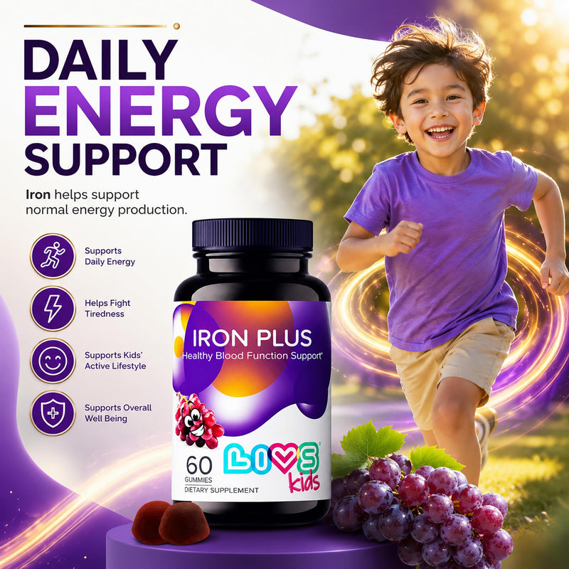 LIVS Iron Supplement for Kids with Vitamin C, A, B3, B5, B6, B12, Biotin, Zinc & Folate | Non-GMO, Gluten Free Chewable Supplement as Gummy for Energy Boost & Anemia Support - 60 Count Kids - Iron Plus 60 Count (Pack of 1)
