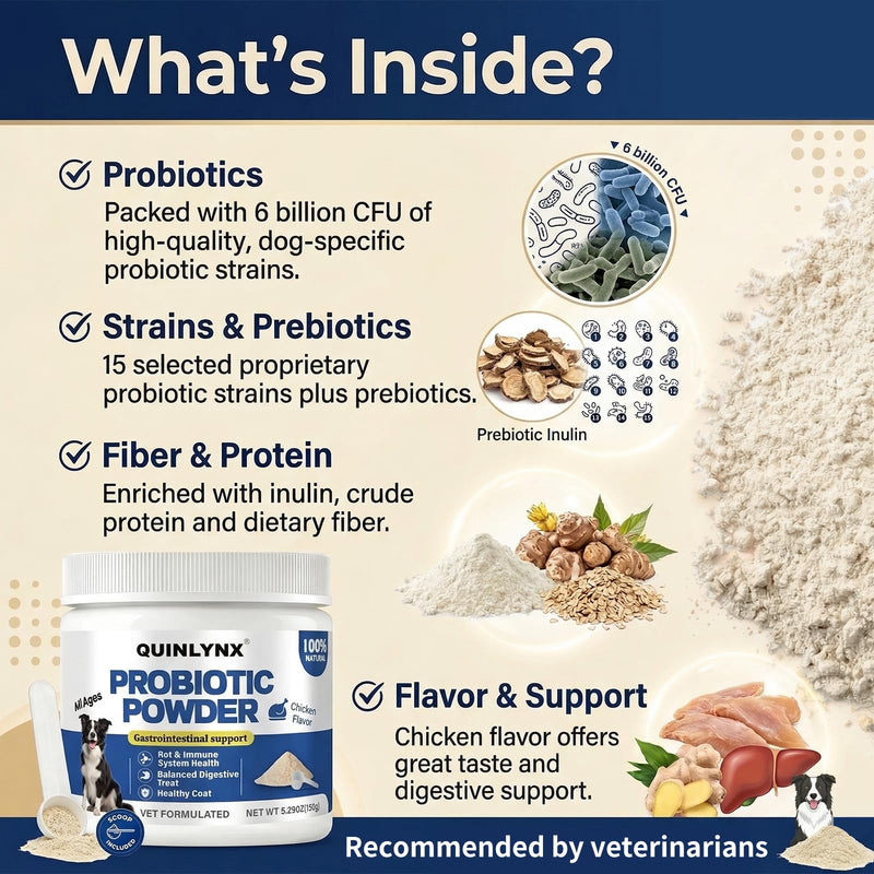 Natural Probiotic Powder for Dogs - Vet Formulated Digestive & Gut Health Supplement with 15 Probiotic Strains & 6 Billion CFU, Supports Immunity, Energy Levels, Skin and Coat Health, 30 Scoops 150g Probiotic for dogs