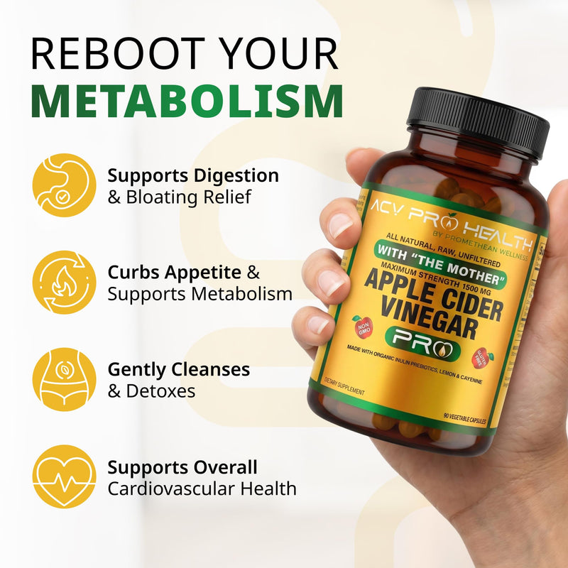 Promethean Wellness ACV Pro Apple Cider Vinegar Capsules Organic with Mother ACV Pills Detox Cleanse Acid Reflux Relief Support Supplement Ginger Root Cayenne Pepper Powder (90 Count) 90 Count (Pack of 1)