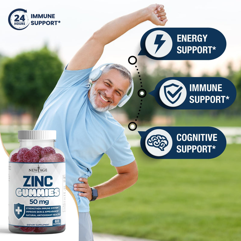 Zinc Gummies - 2 Pack - 50mg High Immune Booster Zinc Supplement, Immune Defense, Powerful Natural Antioxidant, Non-GMO - by New Age, 120 Count 60 Count (Pack of 2) - BeesActive Australia