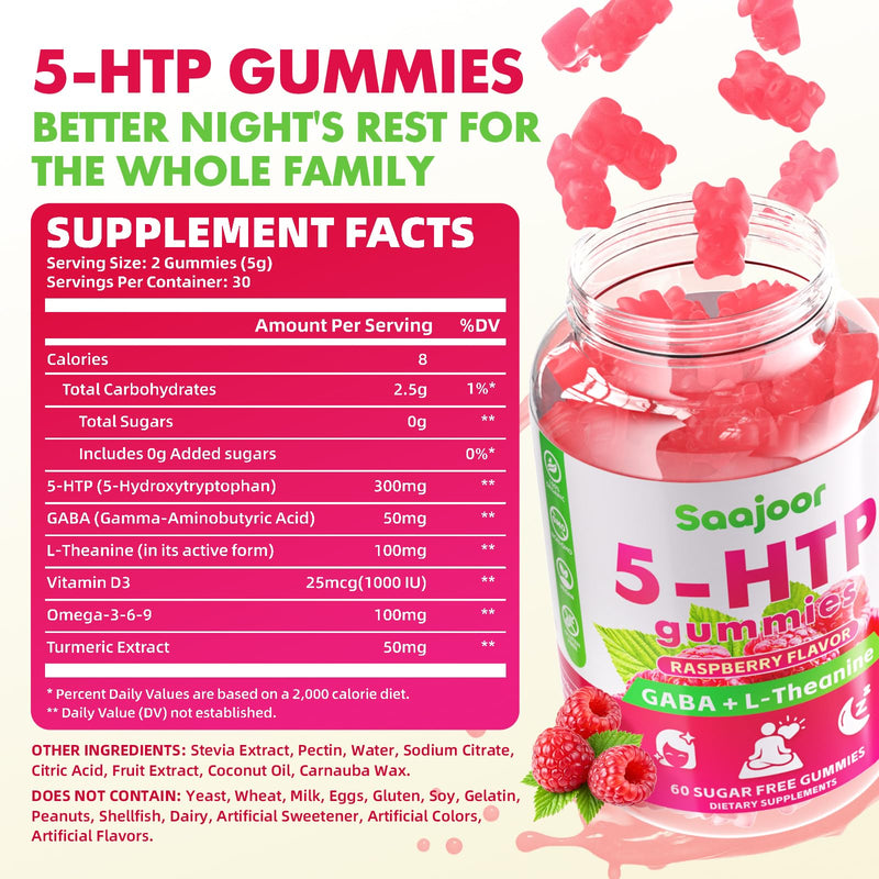 2 Pack 5-HTP 300mg Gummies with GABA + L-Theanine & Vitamin D3, Circadian Rhythm Support for Adults, Raspberry Flavor, 120 Gummies 2pack