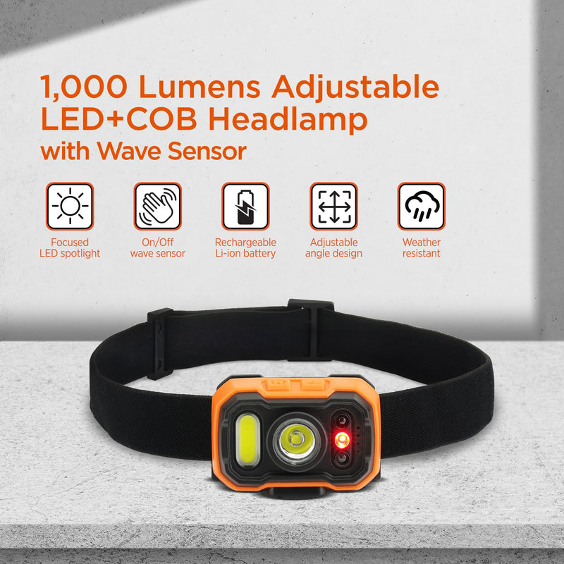BLACK+DECKER Rechargeable Headlamp with Wave Sensor, Ultra Bright 1,000 Lumens LED Head Light, Adjustable 90° Tilt, 7 Lighting Modes, IP65 Waterproof, Fits Over Helmet, 14 Hour Head Lamp for Camping One Pack
