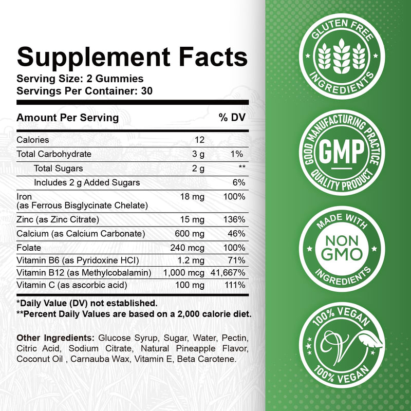 Iron Gummies with Zinc, Calcium, Vitamin C, B6 & B12 | Iron Supplement for Women, Men & Kids | Supports Anemia & Deficiency, Blood Builder & Cell Formation | Chewable Pineapple Flavor | 60 Gummies 60 Count (Pack of 1)