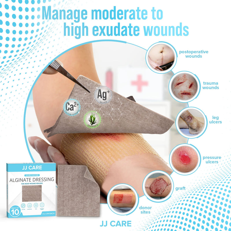JJ CARE Silver Calcium Alginate Wound Dressing (Pack of 10) 4x5, Silver Alginate Wound Dressing Individually Packed, Highly Absorbent Non-Adherent Bandages for Wound Care 4x5 Inch (Pack of 10)