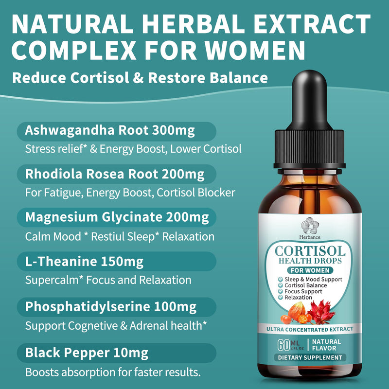 (2 Pakc) Cortisol Supplements for Women, Cortisol Liquid Drops w.Ashwagandha Rhodiola Rosea Magnesium L-Theanine Phosphatidylserine Black Peper, Hormone Balanced & Lower Cortisol 2 Fl Oz (Pack of 2)