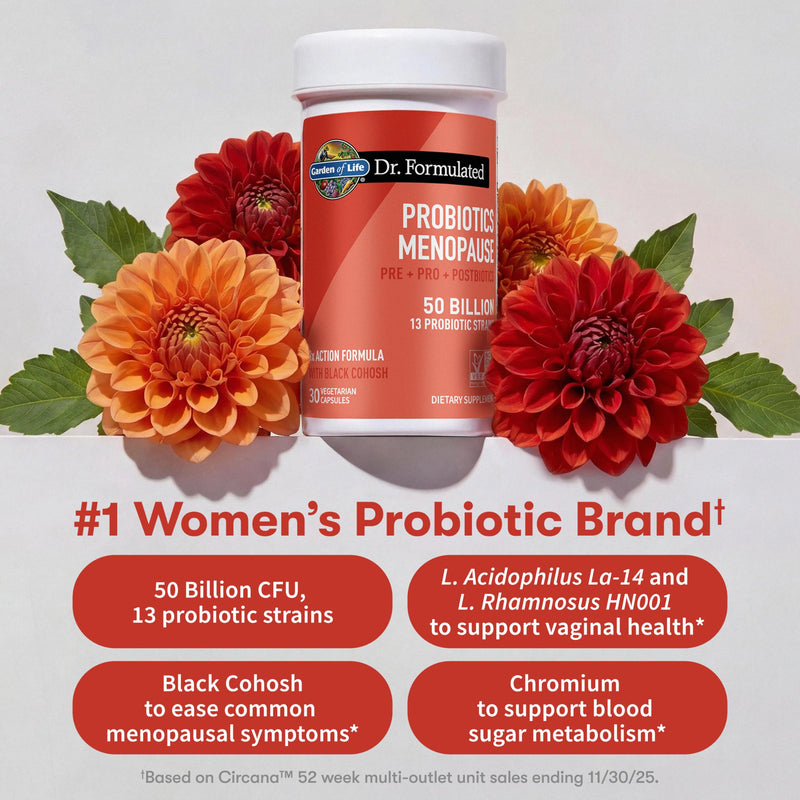 Garden of Life Dr. Formulated Menopause Probiotic, Pre & Post Biotics, 30ct | Black Cohosh, Chromium and Pre, Pro & Postbiotics, Menopause Supplements for Women, Immune Health, Non-GMO, Gluten-Free