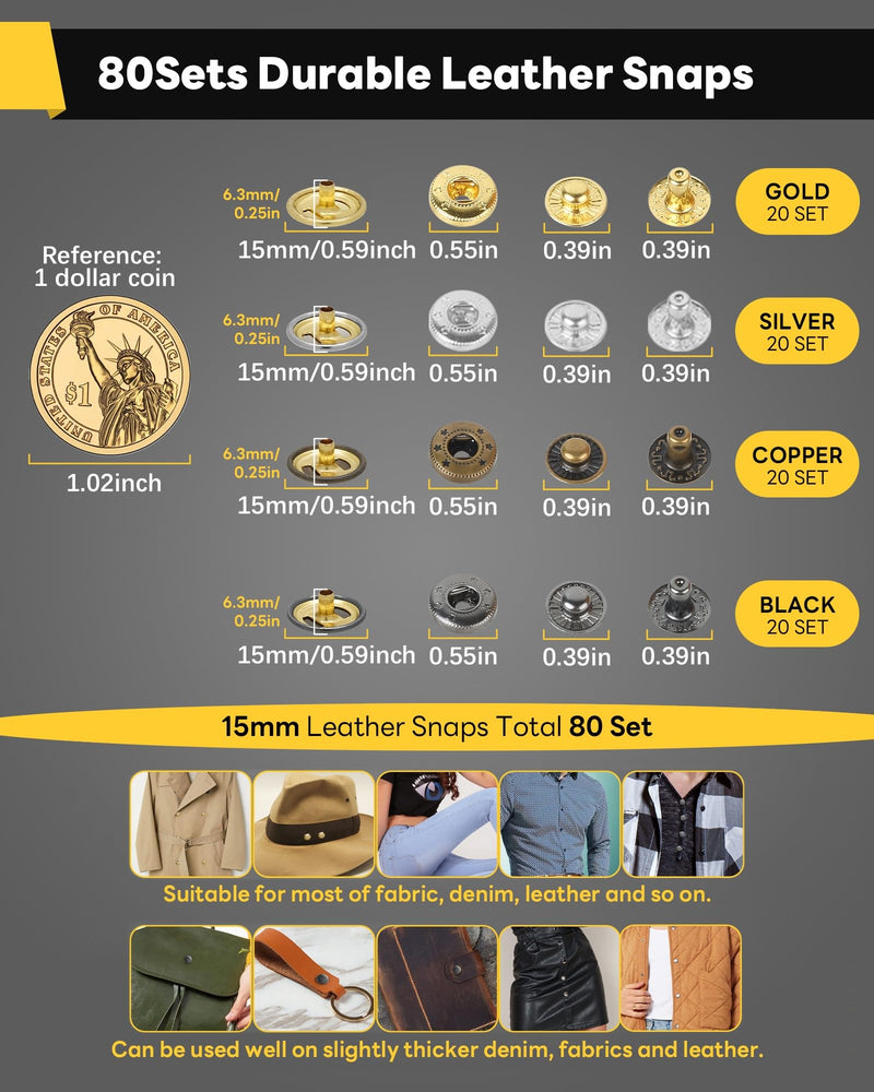 Leather Snaps 80 Sets and Fasteners Kit - Snap Fastener Kit with 80 Sets 15mm Metal Buttons, Snap Button Kit, Heavy Duty Snaps for Thick Fabric Canvas Clothes Boat Cover(DarkBlack-Yellow)