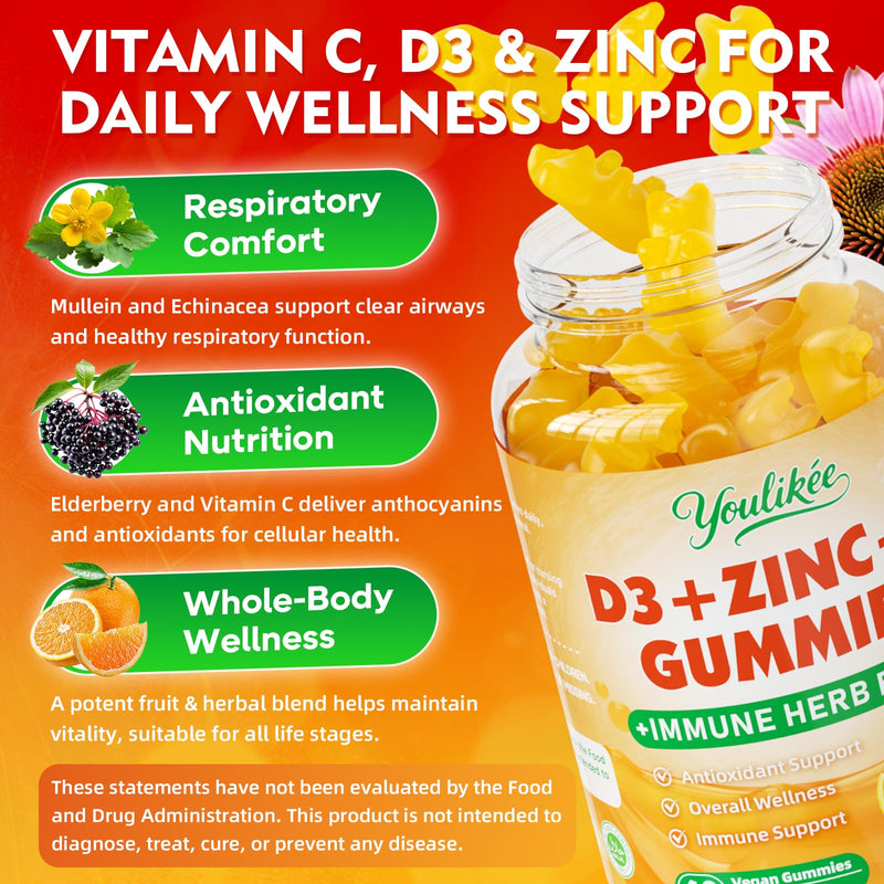 Vitamin C + D3 5000IU + Zinc Gummies for Adults, Orange Flavor, 60 Count | Immune Support supplement with Elderberry, Echinacea & Mullein Leaf - Antioxidant Support, Sugar Free 60 Count (Pack of 1)