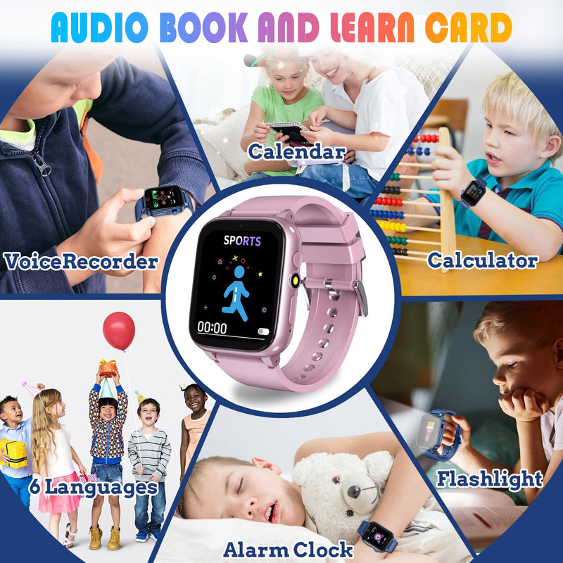 Goodatech 1.69'' Kids Smart Watch for Boys and Girls, HD Camera, 26 Puzzle Games, Video Music Player, Pedometer, Flashlight, Alarm Clock, Christmas Birthday Gifts for 4-12 Years Children (Pink) Pink