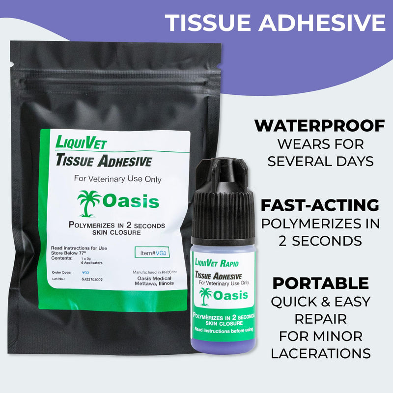 Liquivet Rapid 2 Second Tissue Adhesive, Vet Skin Glue, Tissue Wound Cut Skin Closure, 3mL Bottle and 6 Applicators